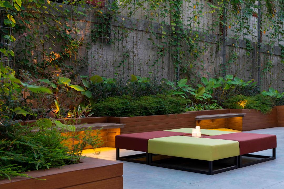 Step outside to enjoy our backyard patio, complete with comfortable seating, mood lighting and lush plants.
