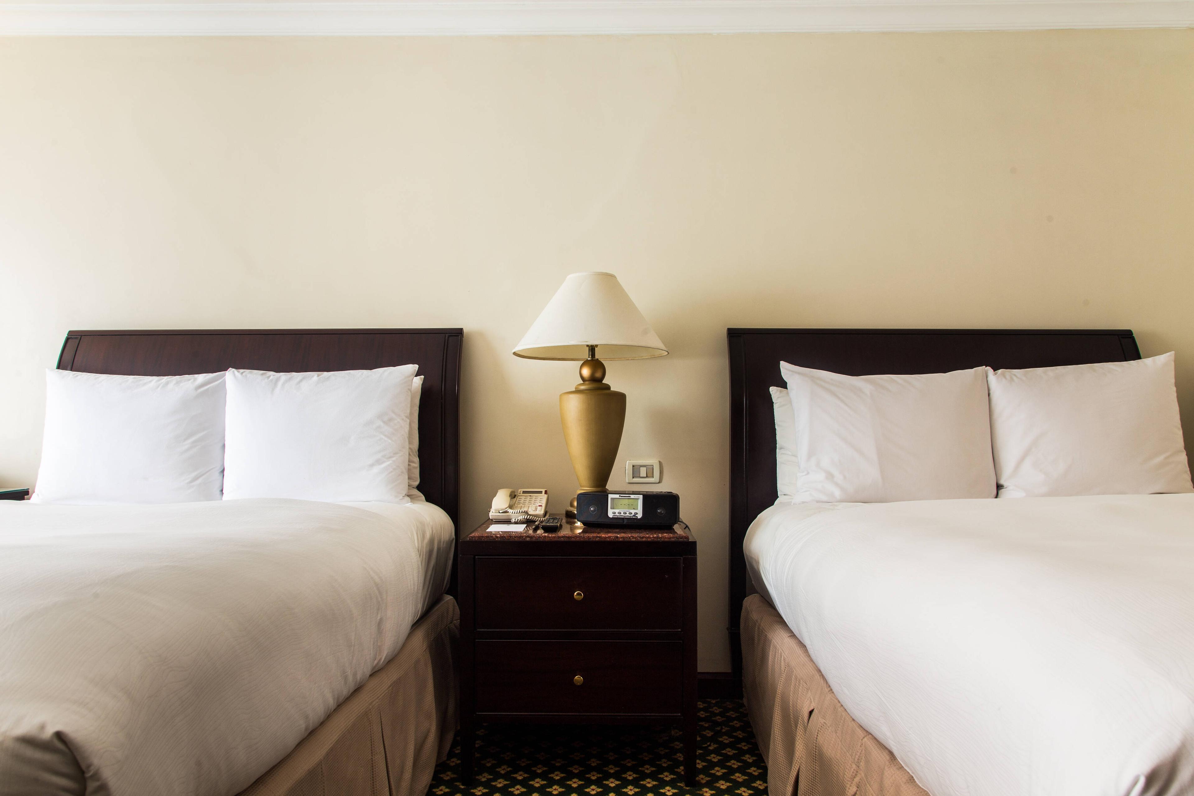Our Deluxe Double Room feature elegant dark wood furnishings in a comfortable setting with dedicated work desks, television and luxury bedding with ambient natural daylight.