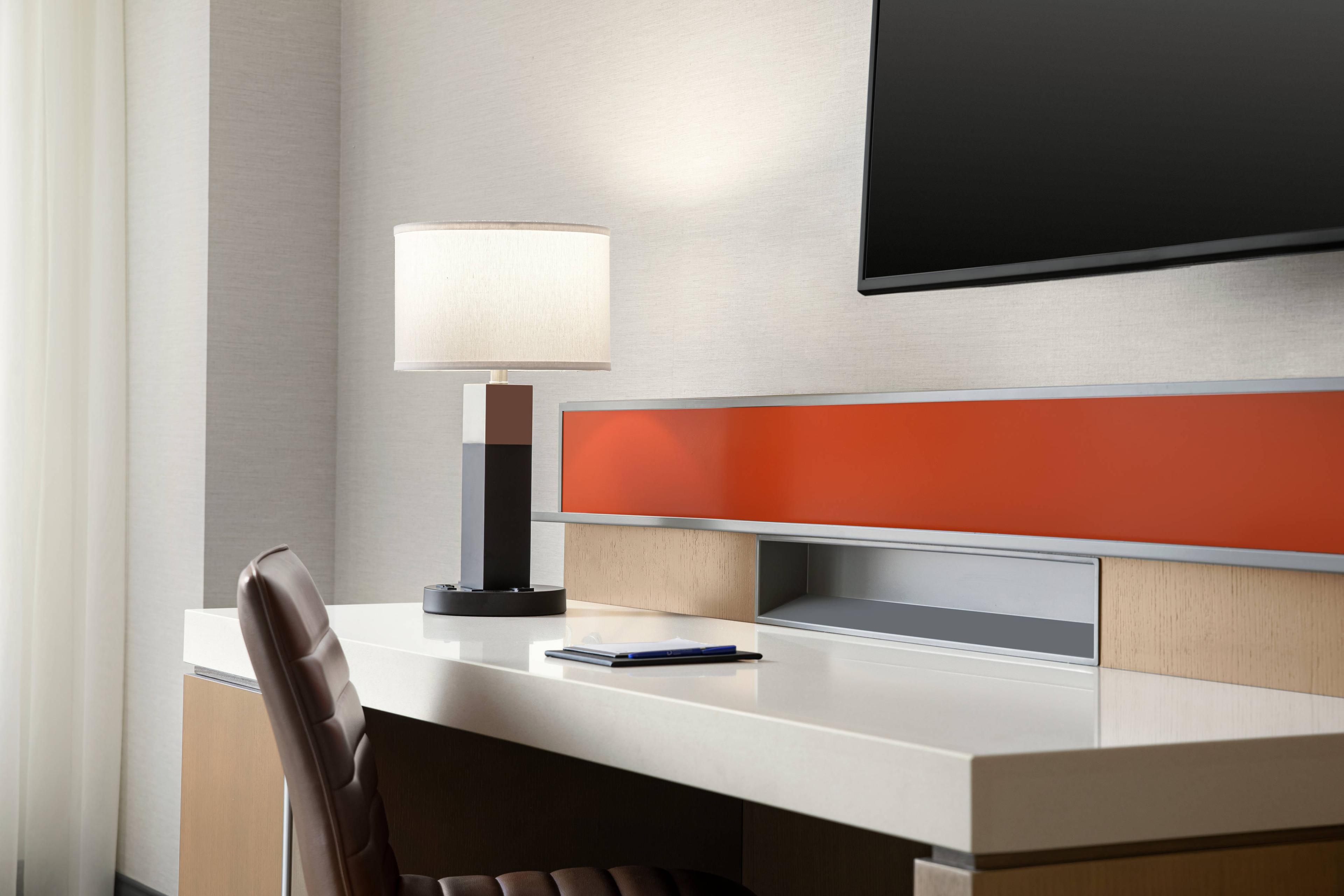 Spacious work area to include comfortable seating, data ports, electrical outlets and state of the art high speed wireless internet connectivity throughout your guest room.