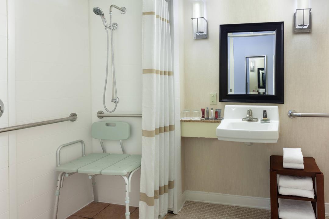 Accessible guest room bathrooms with ADA roll-in showers have the safety features and comforts you need for an enjoyable stay.