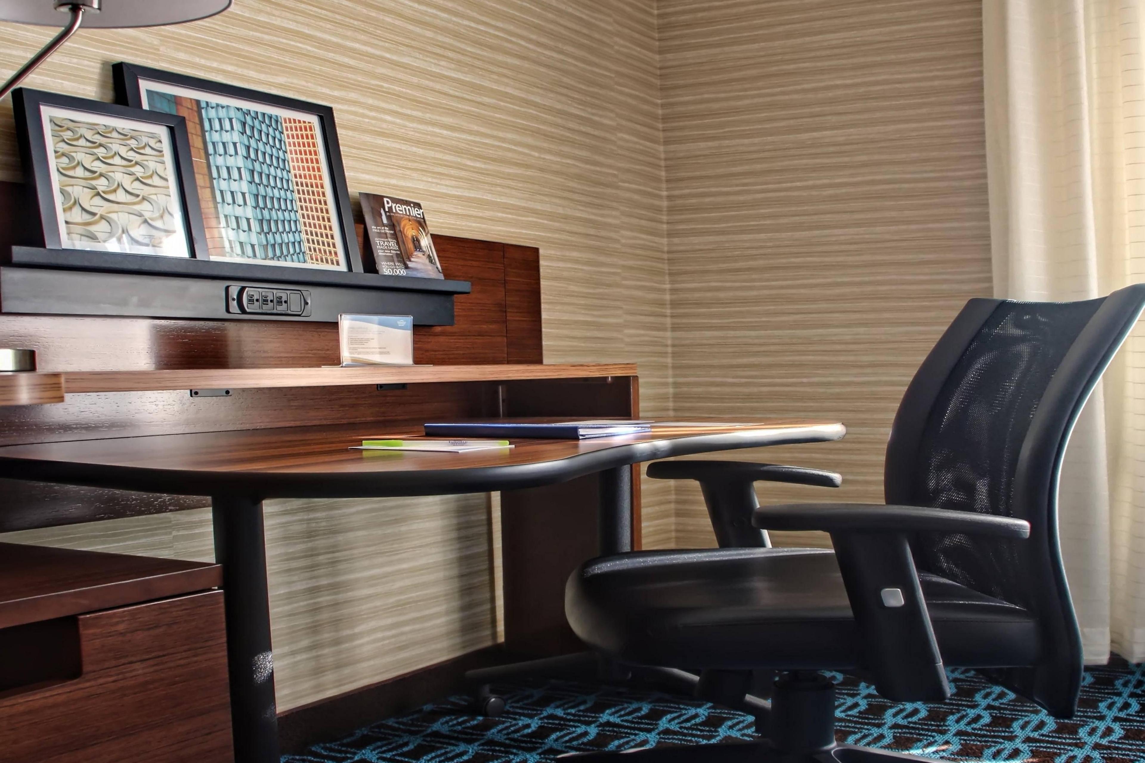 Our in-room desks are spacious and mobile. Ability to roll the desk closer to the television to watch your favorite show or closer to the bed to have a more comfortable seat.