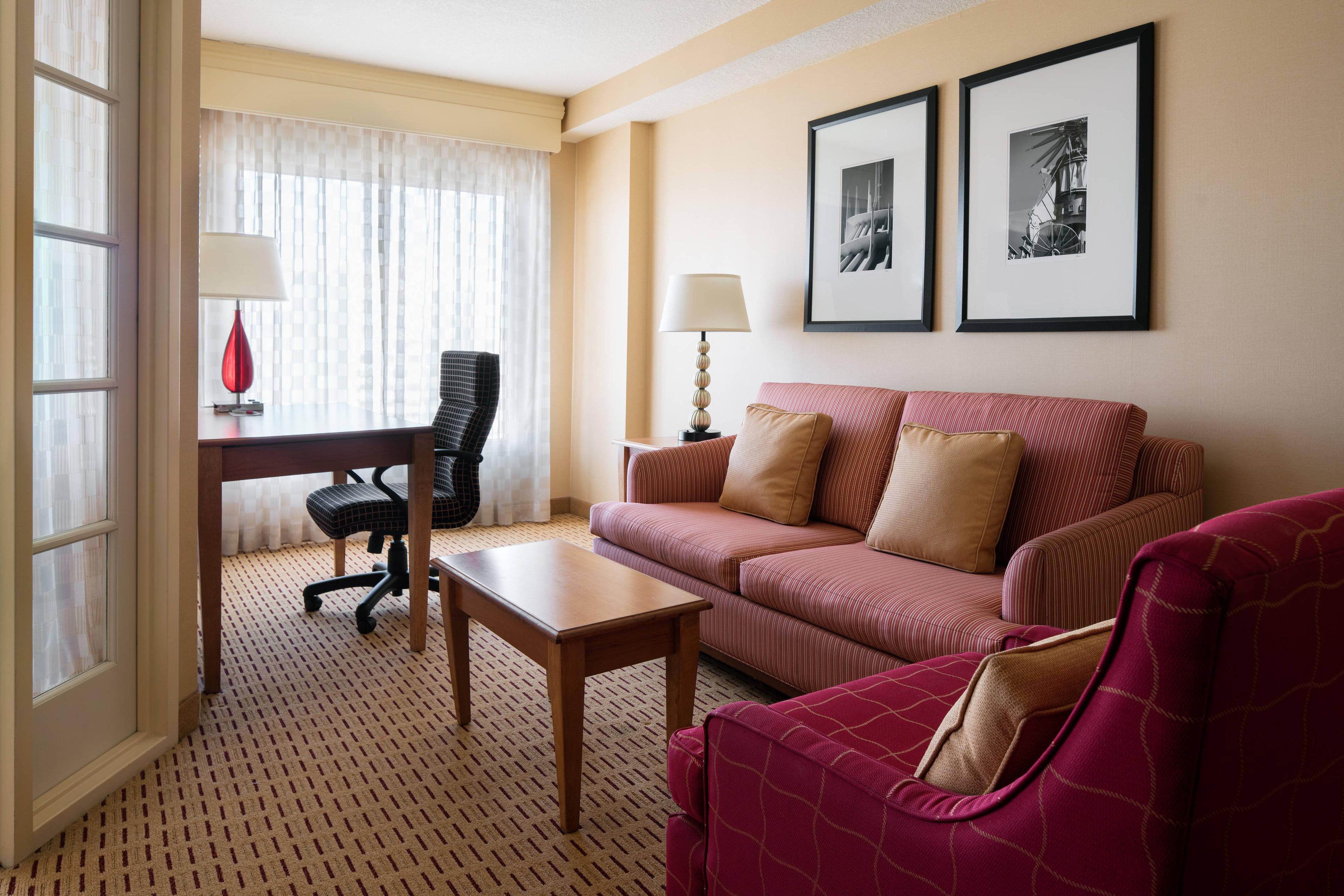 Our King Suites feature a living area with sofa sleeper, flat screen television, and access door to the bathroom.