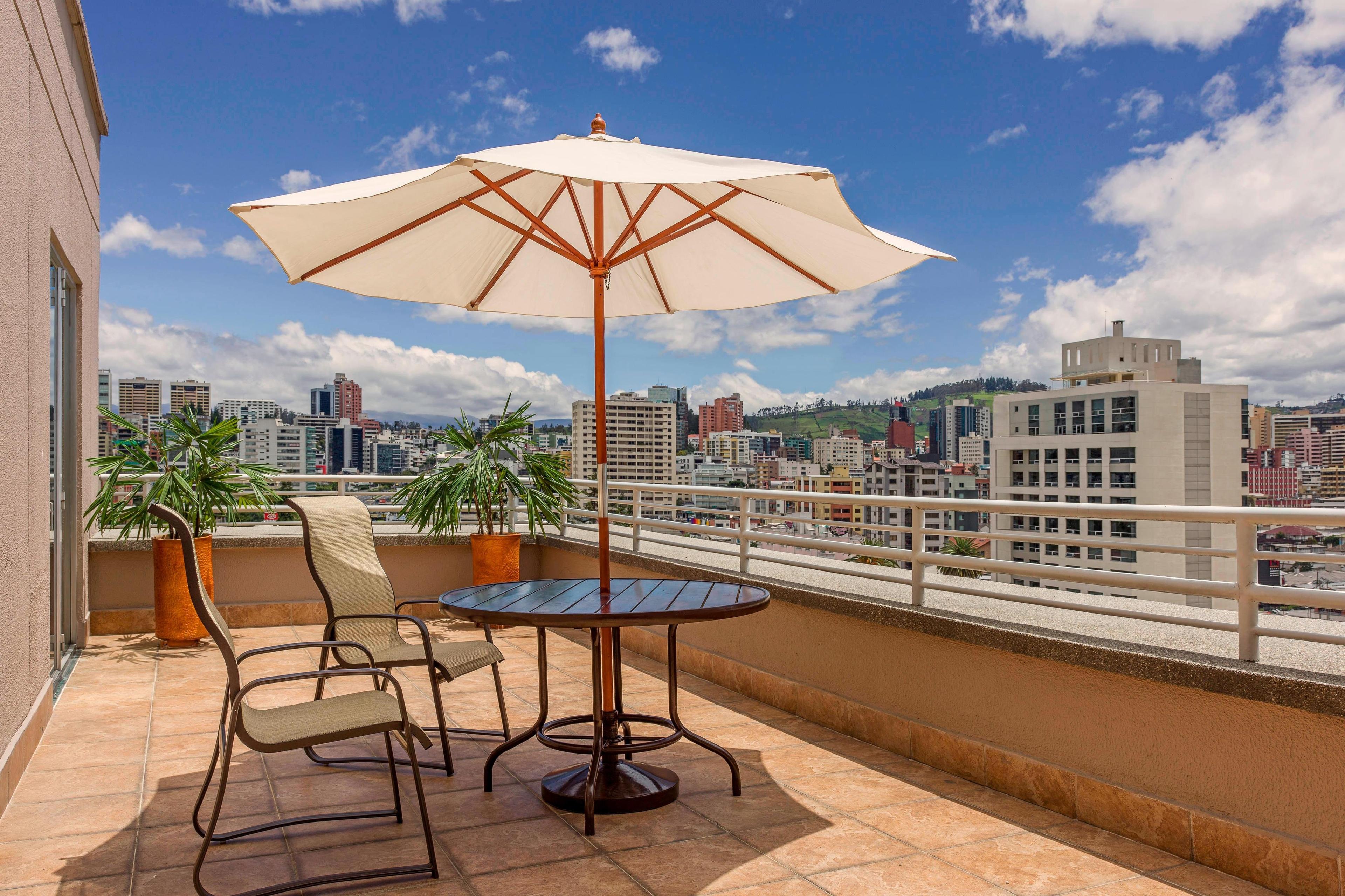 Begin the day on your refreshing outdoor terrace by ordering breakfast with room service. Finish your evening there with a drink from our mini-bar and a stunning view of Quito.