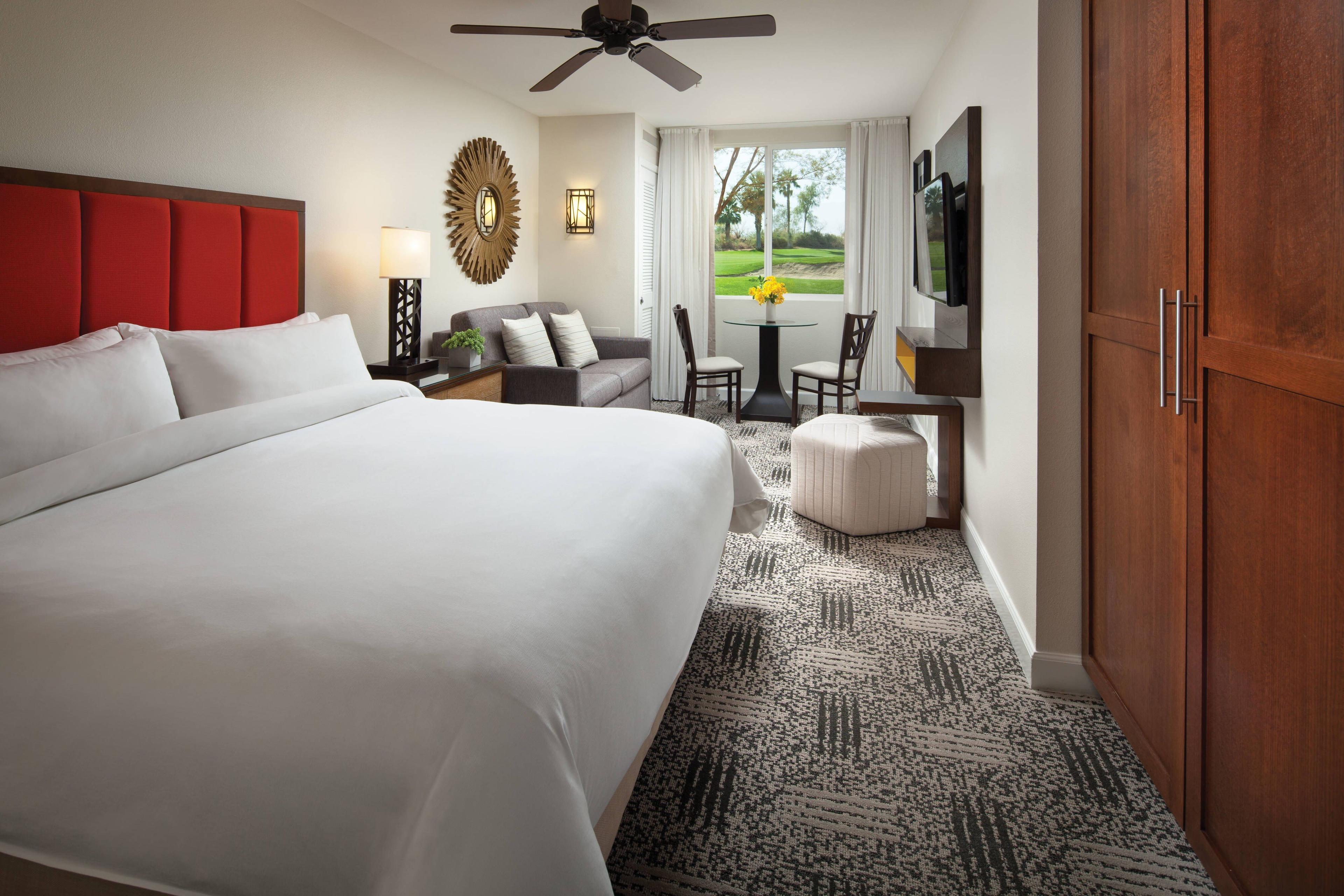 The comfortable guest room features a king-size bed, a sofa bed, table seating for two and a kitchenette with mini-refrigerator, microwave and dishes. You will not find a balcony but step outside your door to enjoy the Palm Desert Experience.